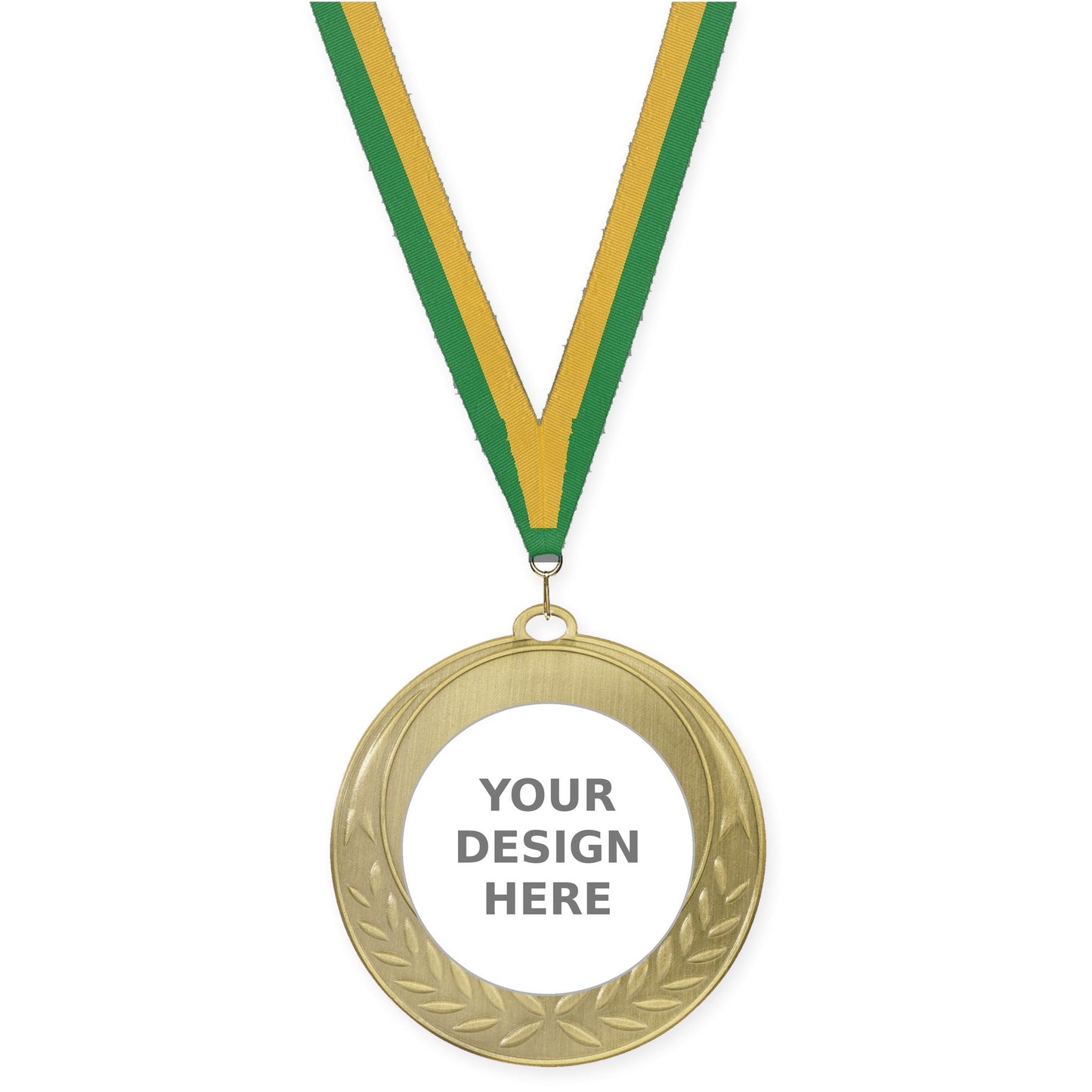 2 3/4 inch Half Laurel insert medal in antique gold with Green Gold neck ribbon