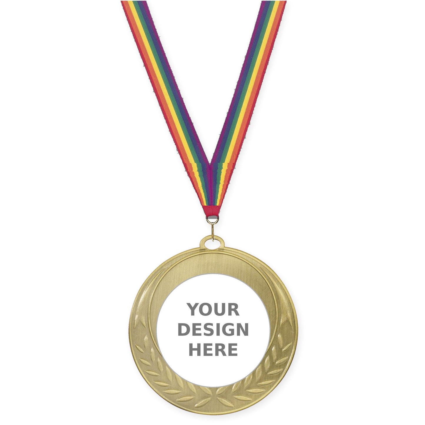 2 3/4 inch Half Laurel insert medal in antique gold with Rainbow neck ribbon
