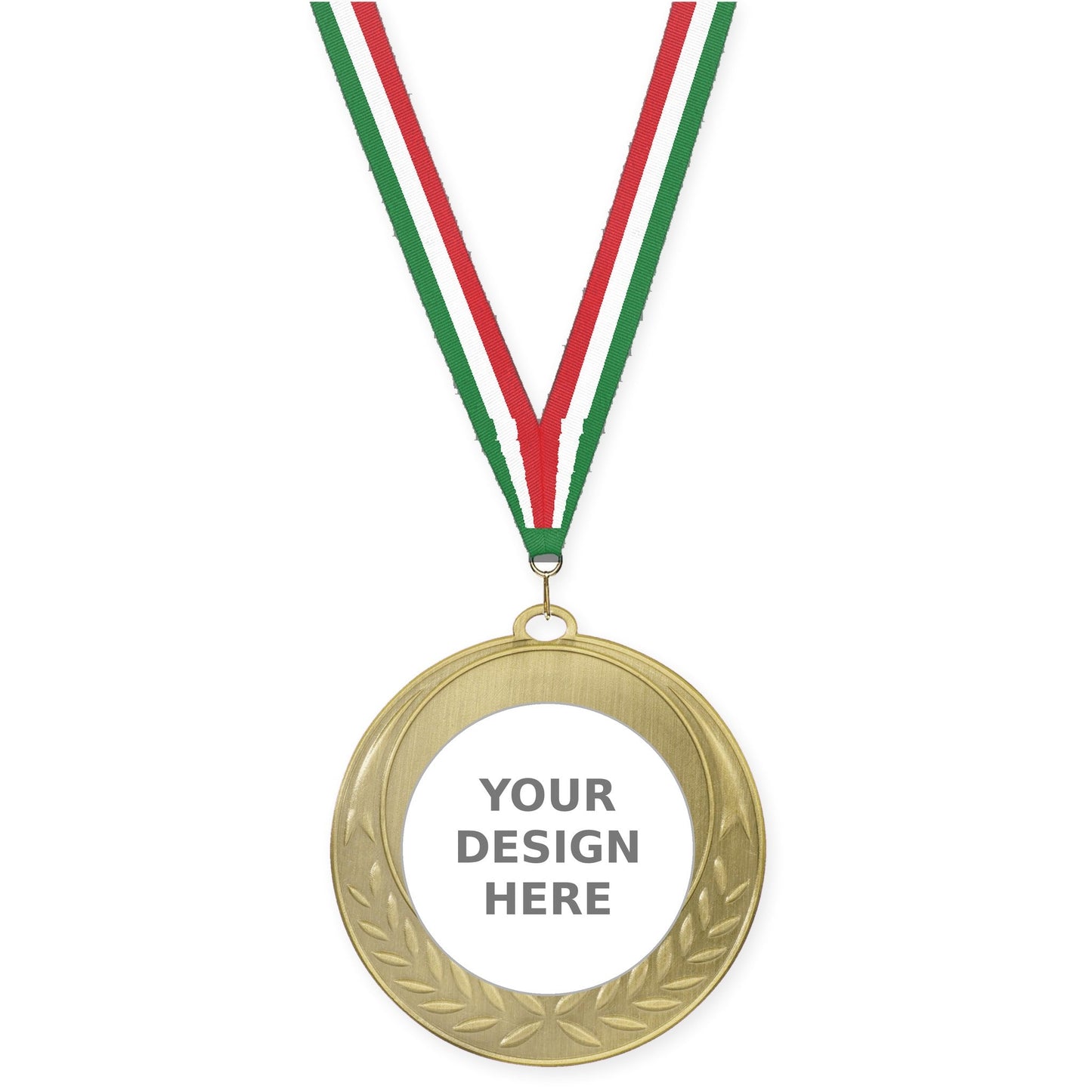 2 3/4 inch Half Laurel insert medal in antique gold with Green White Red neck ribbon