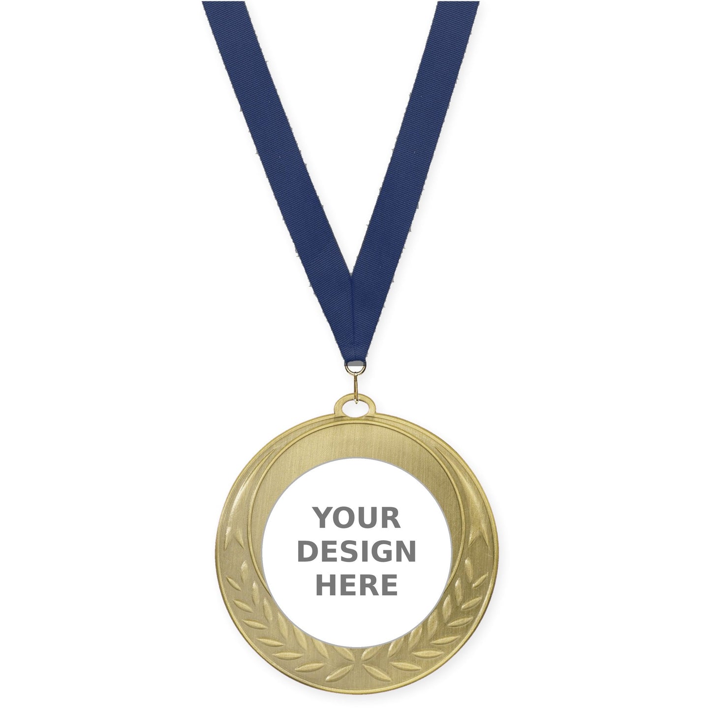 2 3/4 inch Half Laurel insert medal in antique gold with Navy neck ribbon
