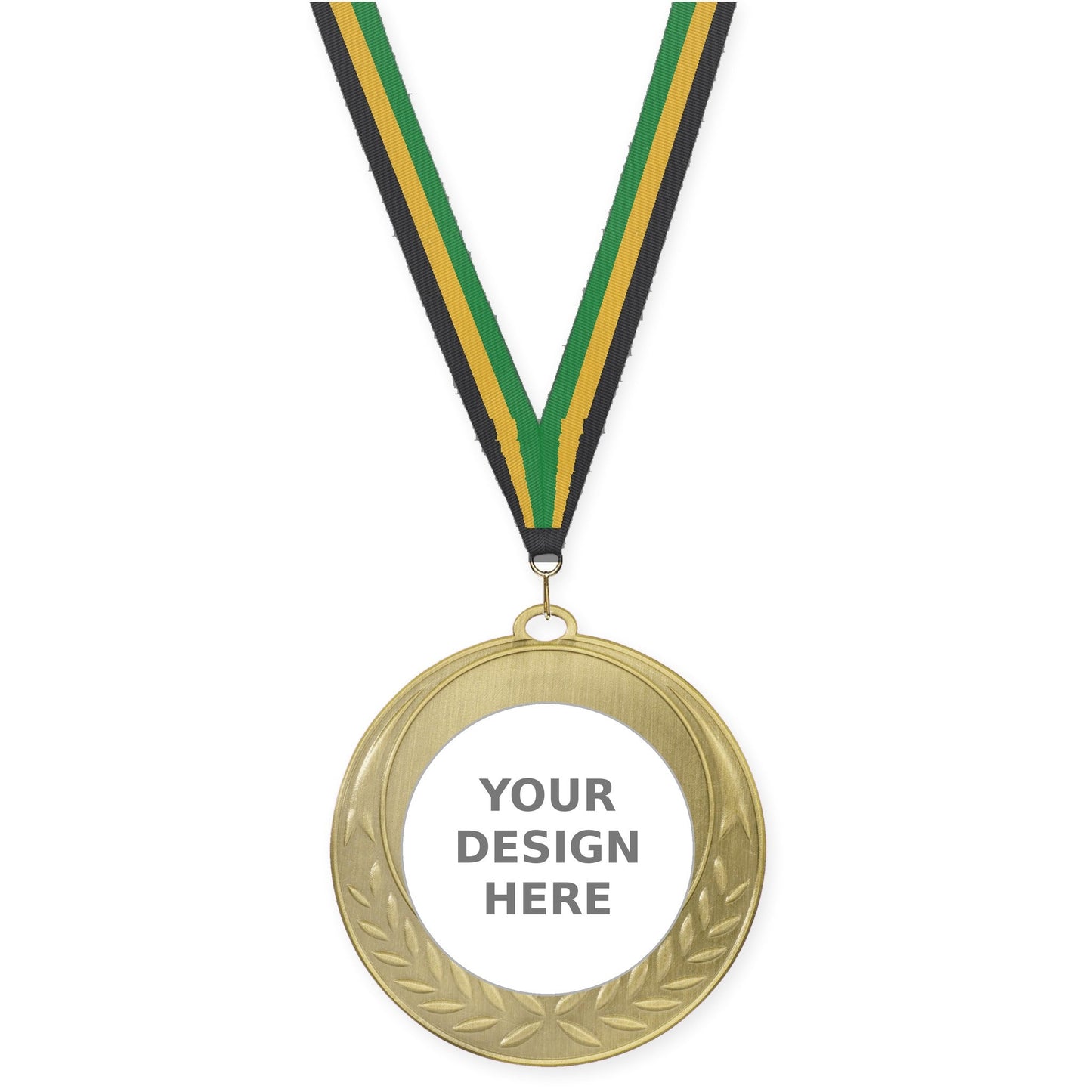 2 3/4 inch Half Laurel insert medal in antique gold with Black Gold Green neck ribbon