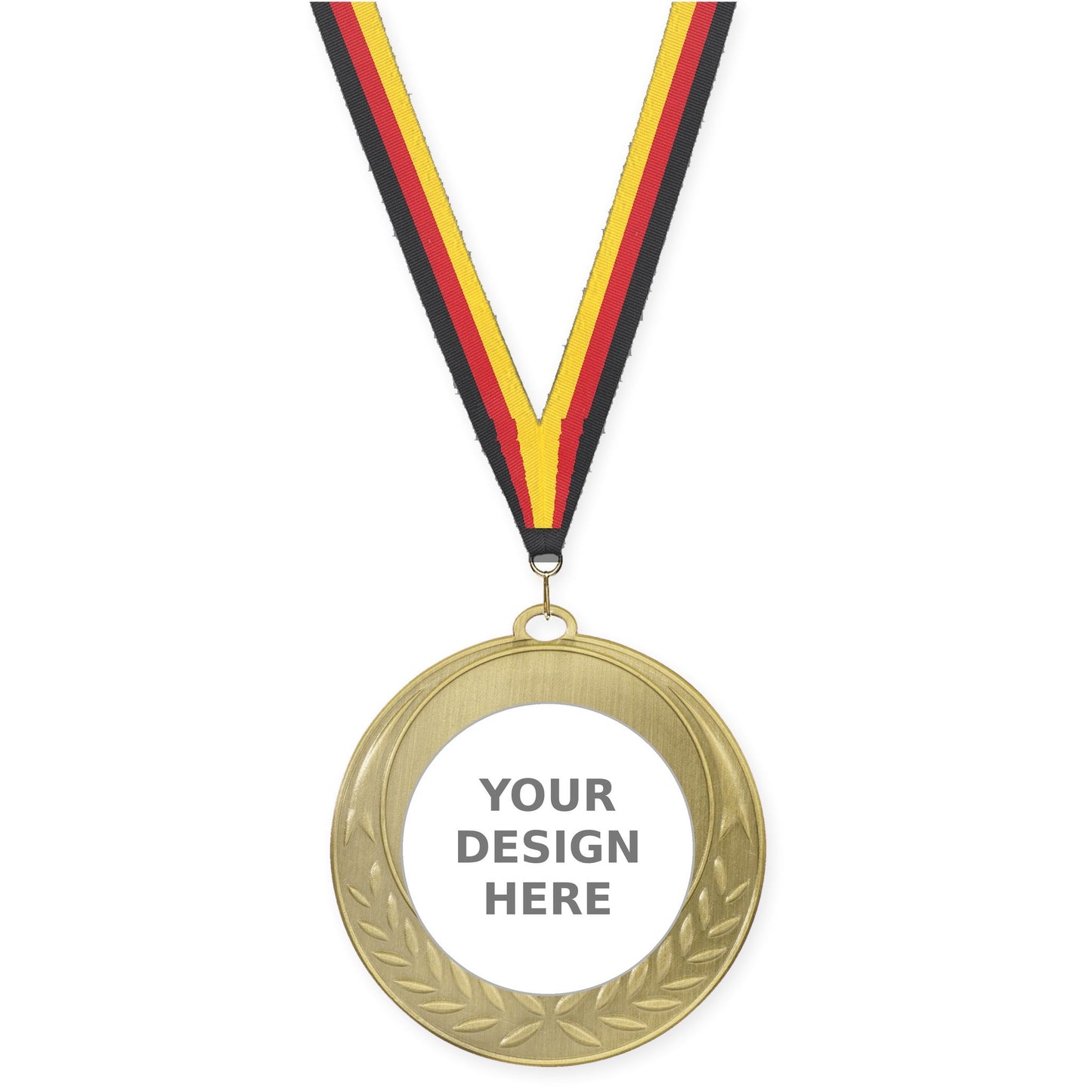 2 3/4 inch Half Laurel insert medal in antique gold with Black Red Yellow neck ribbon