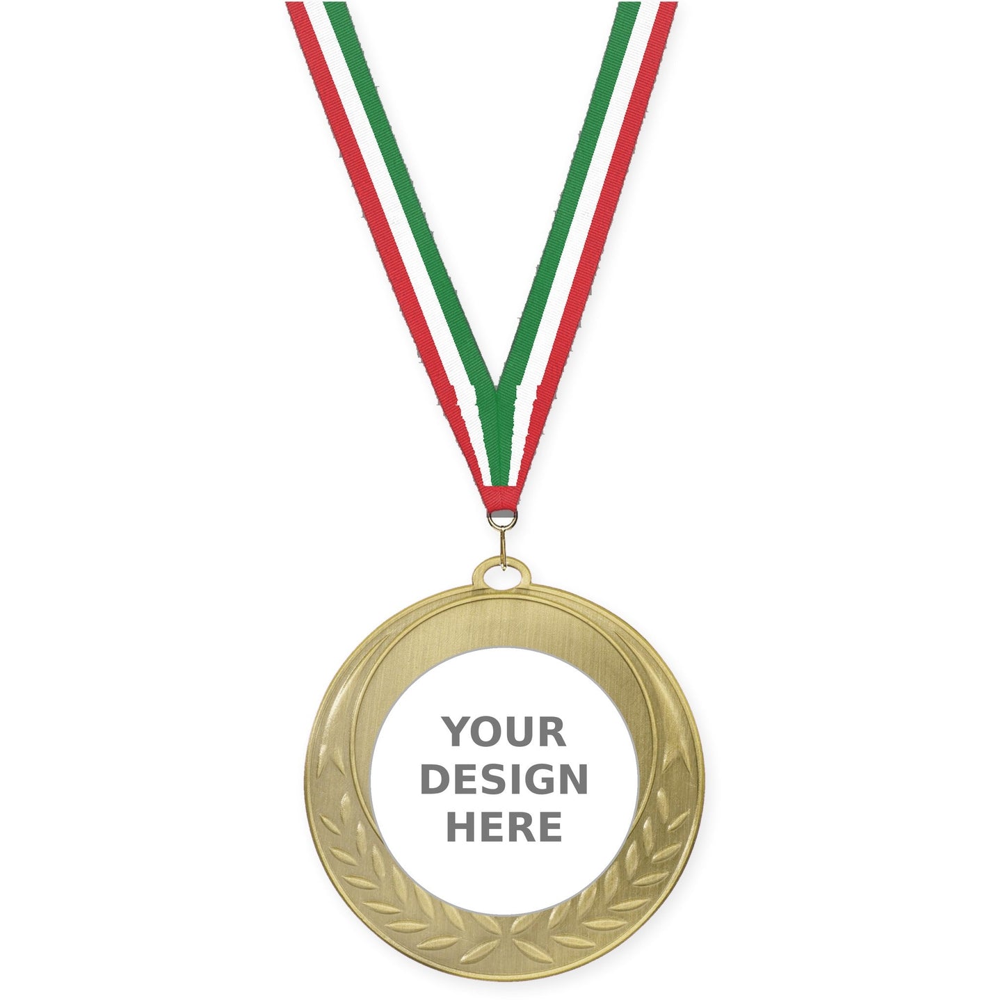 2 3/4 inch Half Laurel insert medal in antique gold with Red White Green neck ribbon