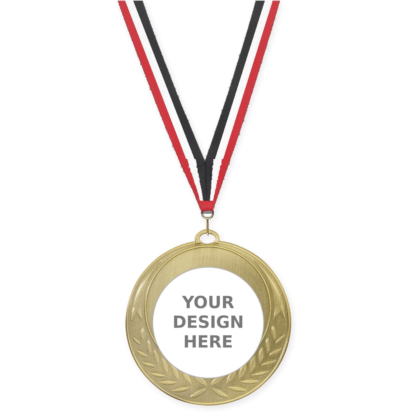 2 3/4 inch Half Laurel insert medal in antique gold with Red White Black neck ribbon