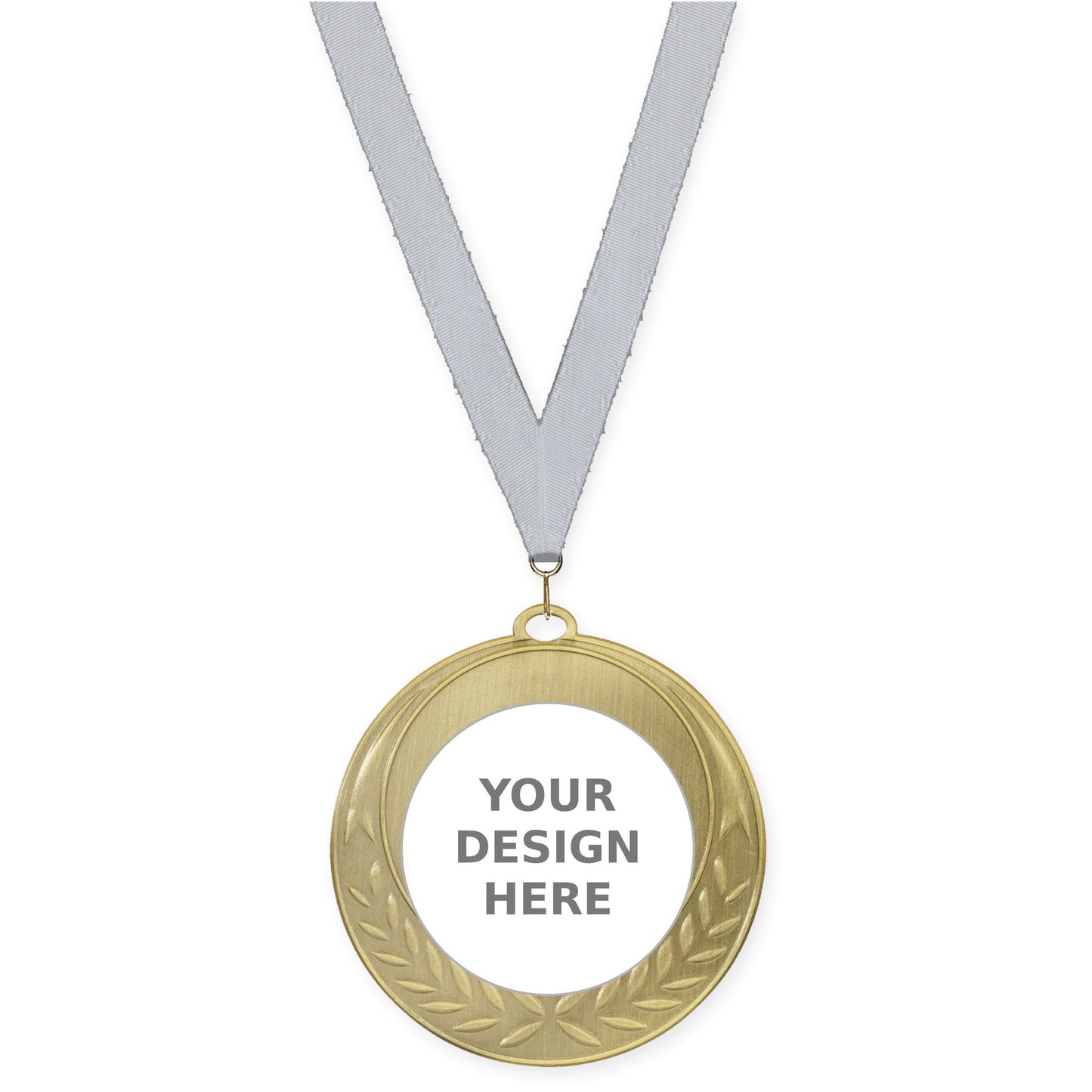 2 3/4 inch Half Laurel insert medal in antique gold with Silver Metallic neck ribbon