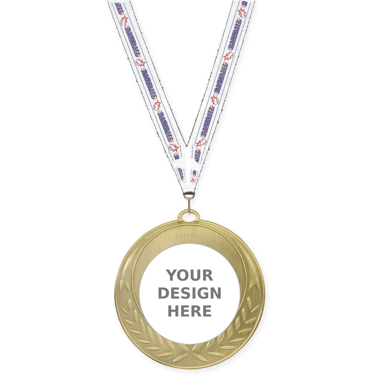 2 3/4 inch Half Laurel insert medal in antique gold with Baseball neck ribbon