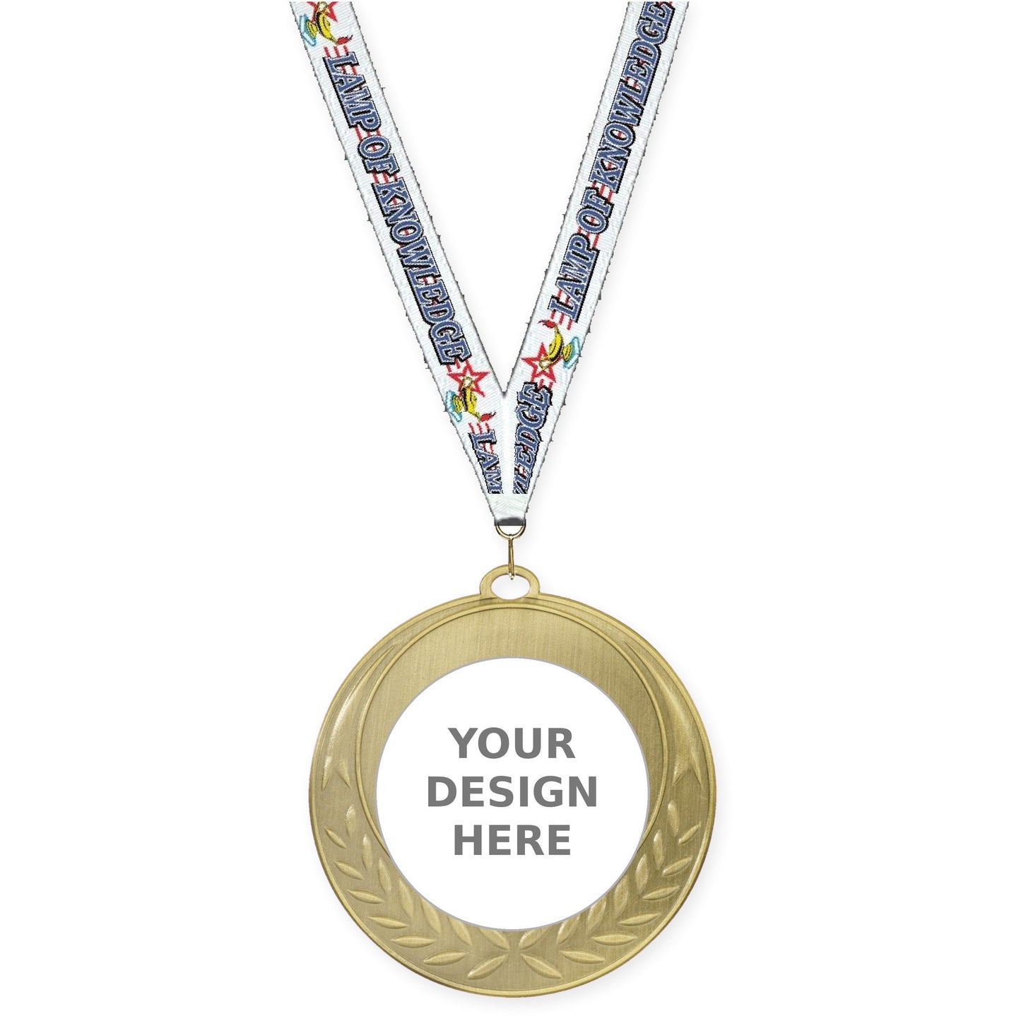 2 3/4 inch Half Laurel insert medal in antique gold with Lamp Of Knowledge neck ribbon