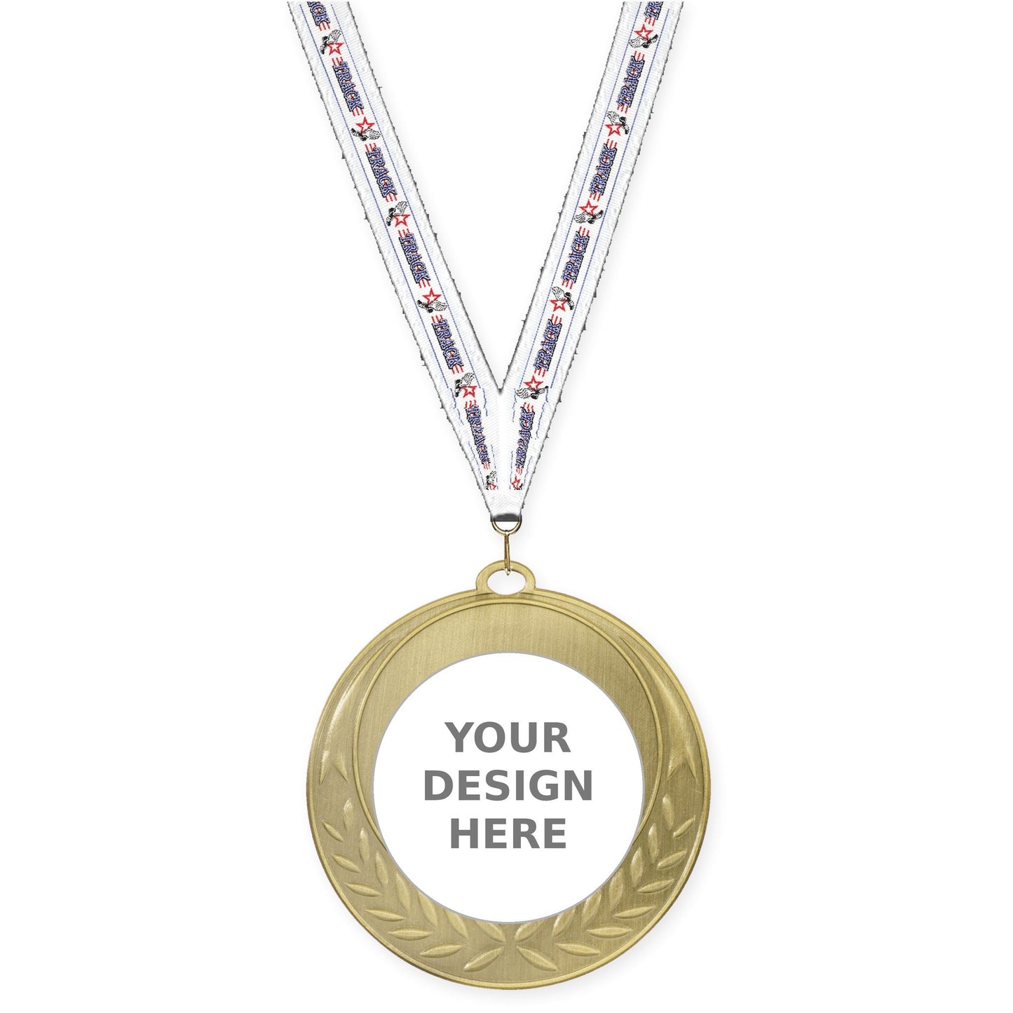 2 3/4 inch Half Laurel insert medal in antique gold with Track neck ribbon
