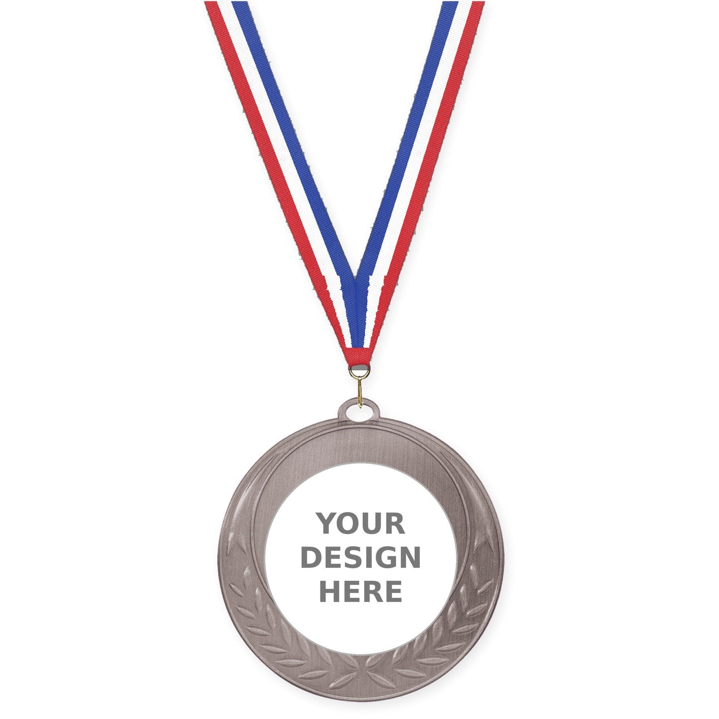 2 3/4 inch Half Laurel insert medal in antique silver with Red White Blue neck ribbon