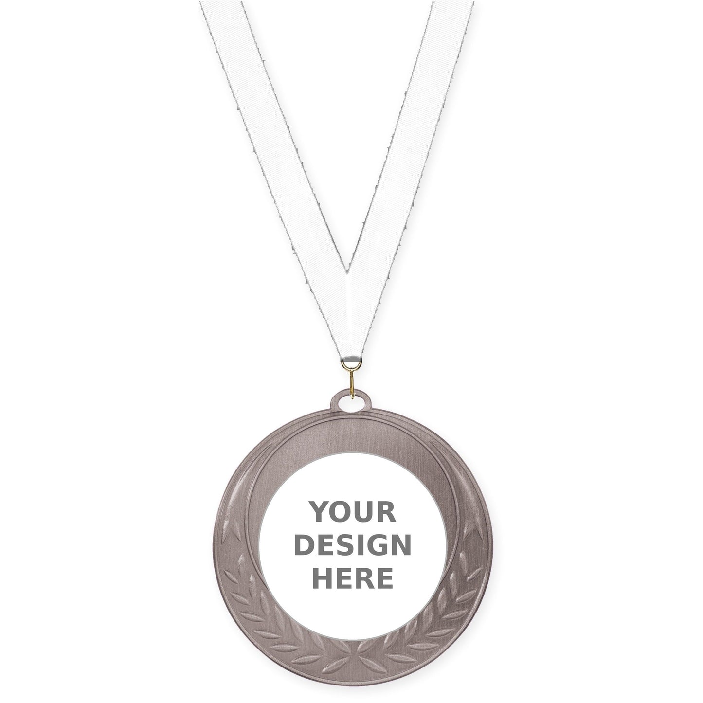 2 3/4 inch Half Laurel insert medal in antique silver with White neck ribbon