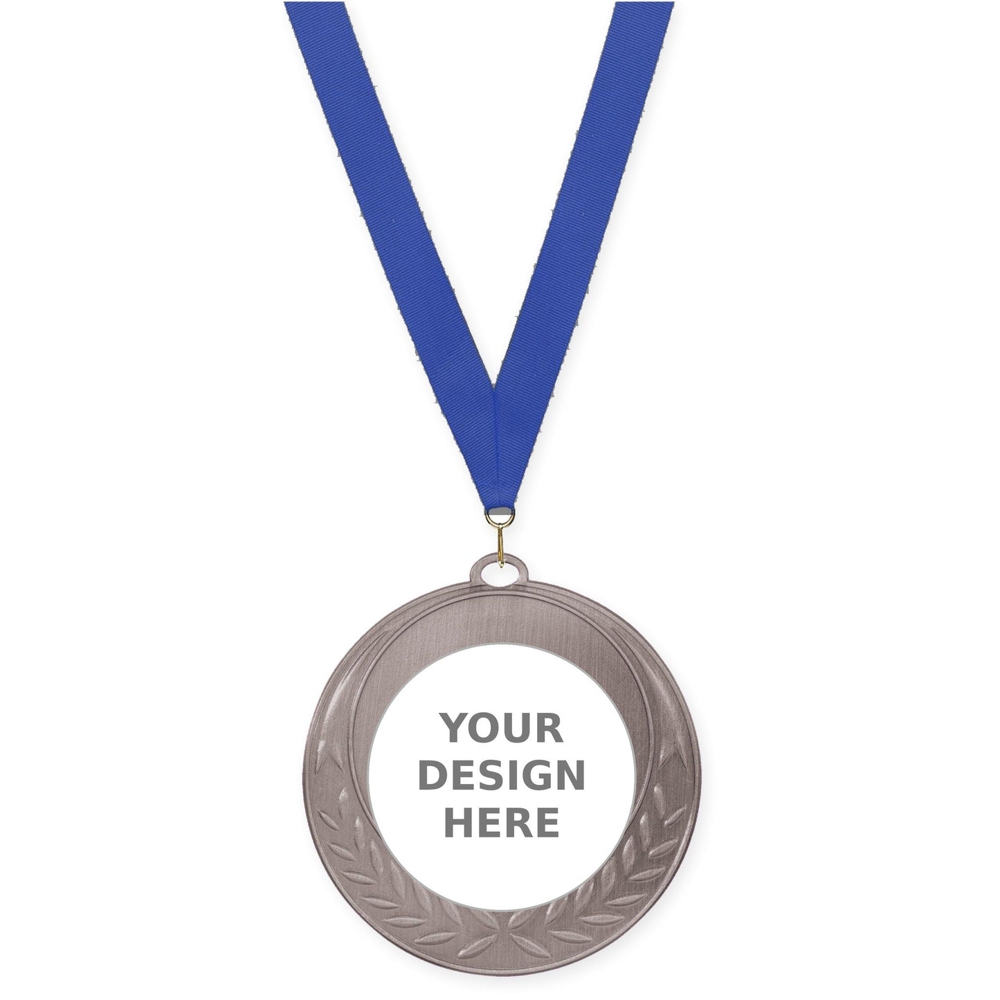 2 3/4 inch Half Laurel insert medal in antique silver with Blue neck ribbon