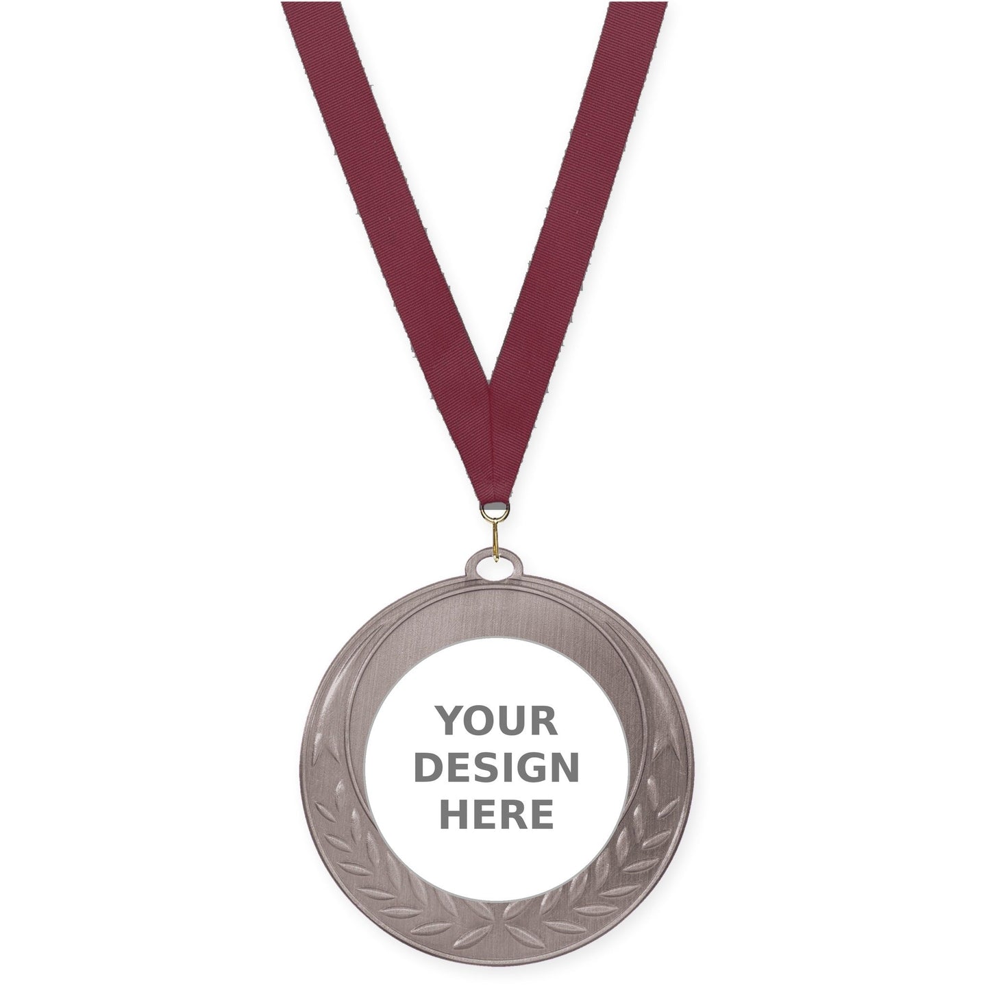 2 3/4 inch Half Laurel insert medal in antique silver with Maroon neck ribbon