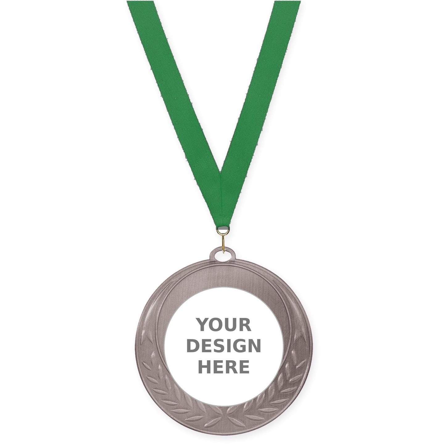 2 3/4 inch Half Laurel insert medal in antique silver with Green neck ribbon