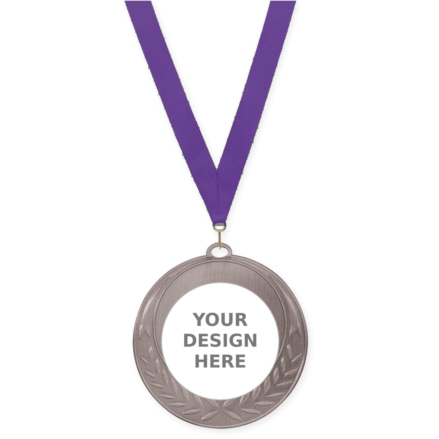 2 3/4 inch Half Laurel insert medal in antique silver with Purple neck ribbon