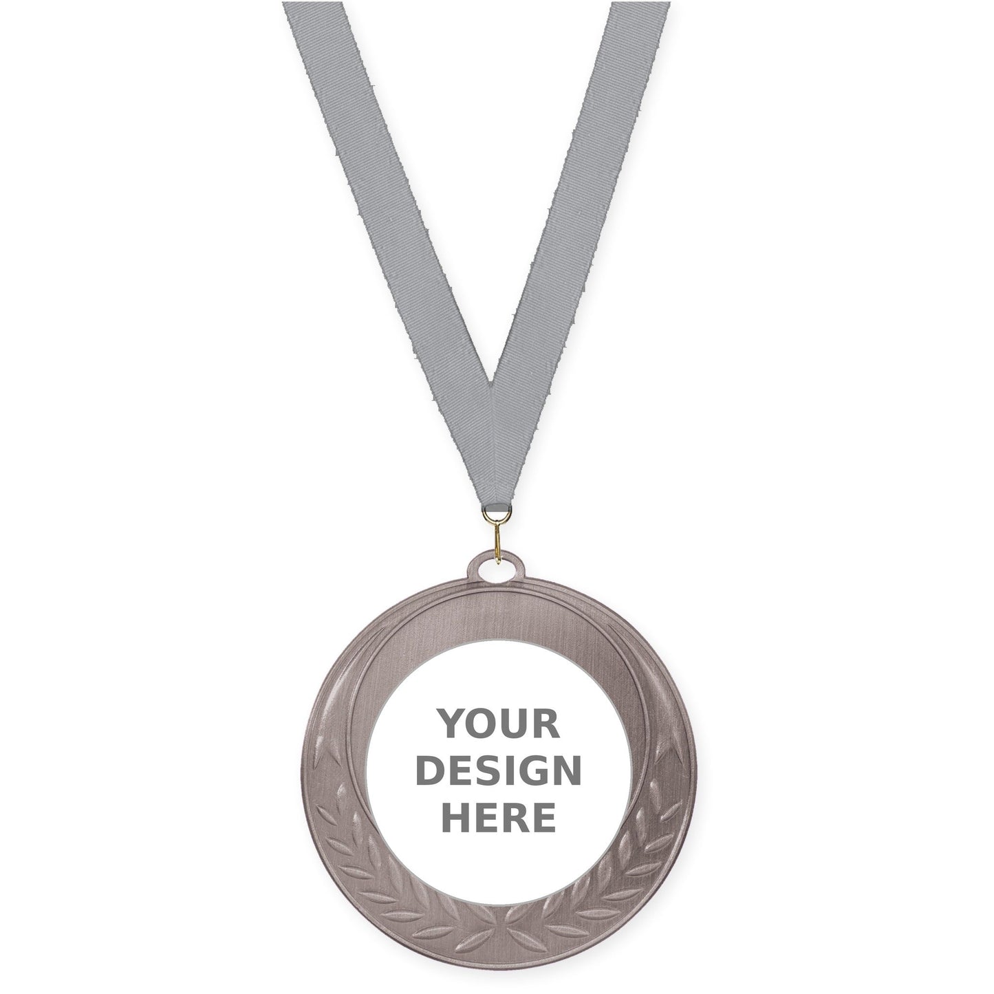 2 3/4 inch Half Laurel insert medal in antique silver with Gray neck ribbon