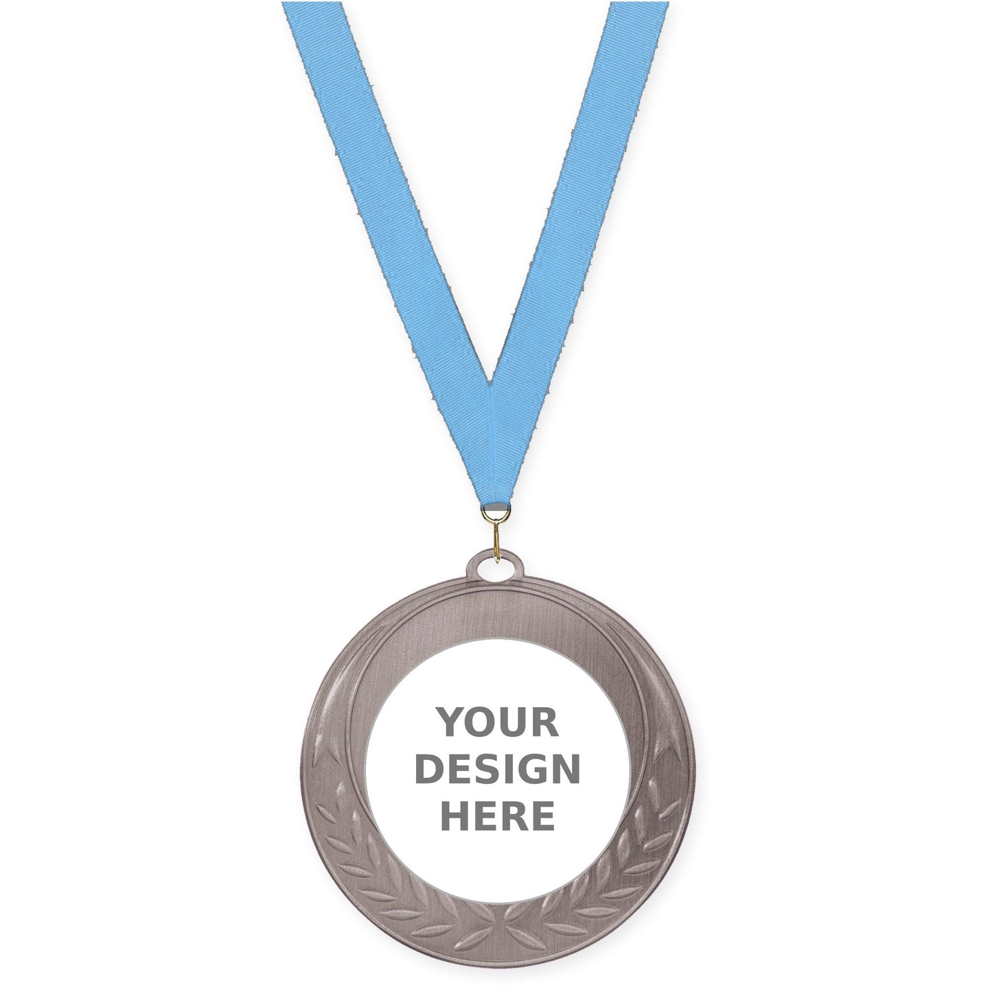 2 3/4 inch Half Laurel insert medal in antique silver with Light Blue neck ribbon