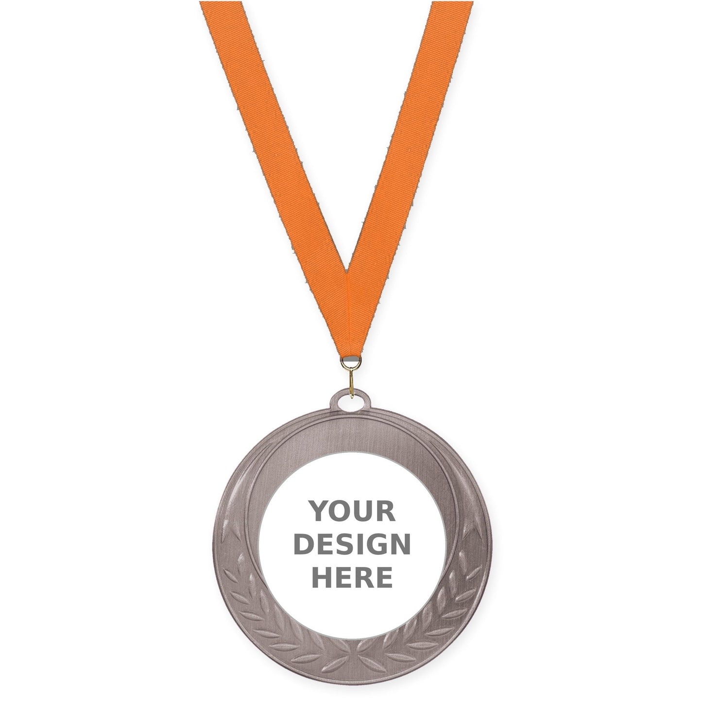 2 3/4 inch Half Laurel insert medal in antique silver with Orange neck ribbon