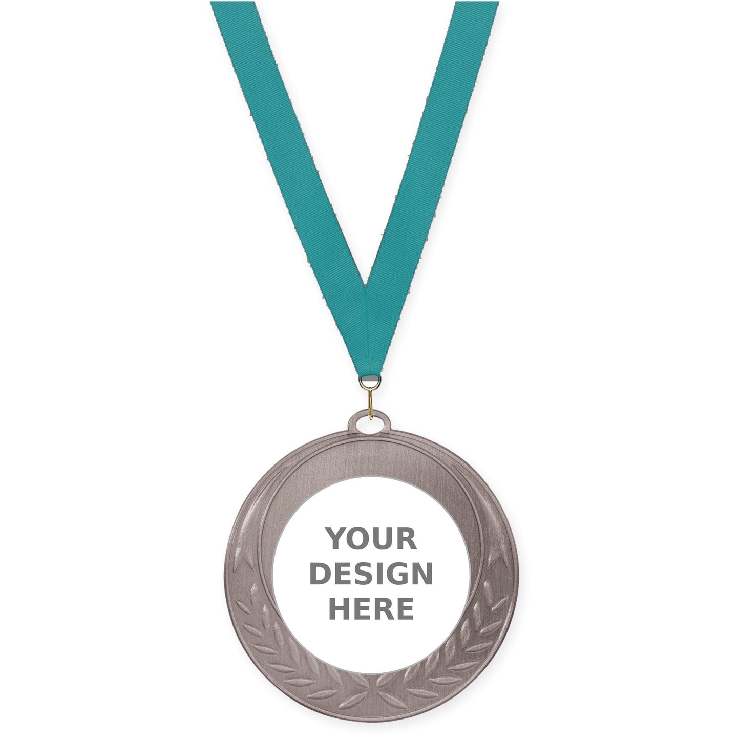 2 3/4 inch Half Laurel insert medal in antique silver with Teal neck ribbon
