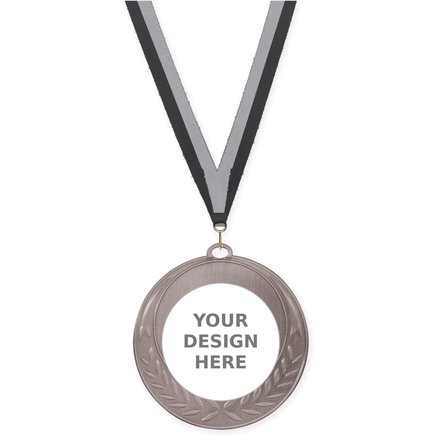 2 3/4 inch Half Laurel insert medal in antique silver with Black Gray neck ribbon