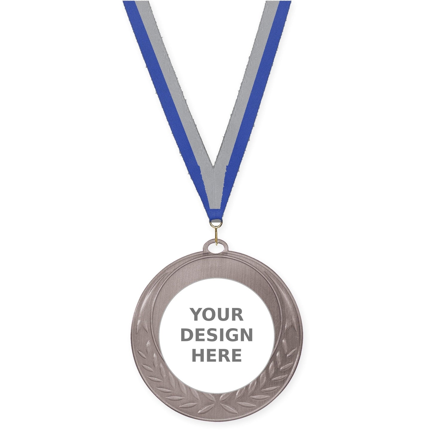 2 3/4 inch Half Laurel insert medal in antique silver with Blue Gray neck ribbon