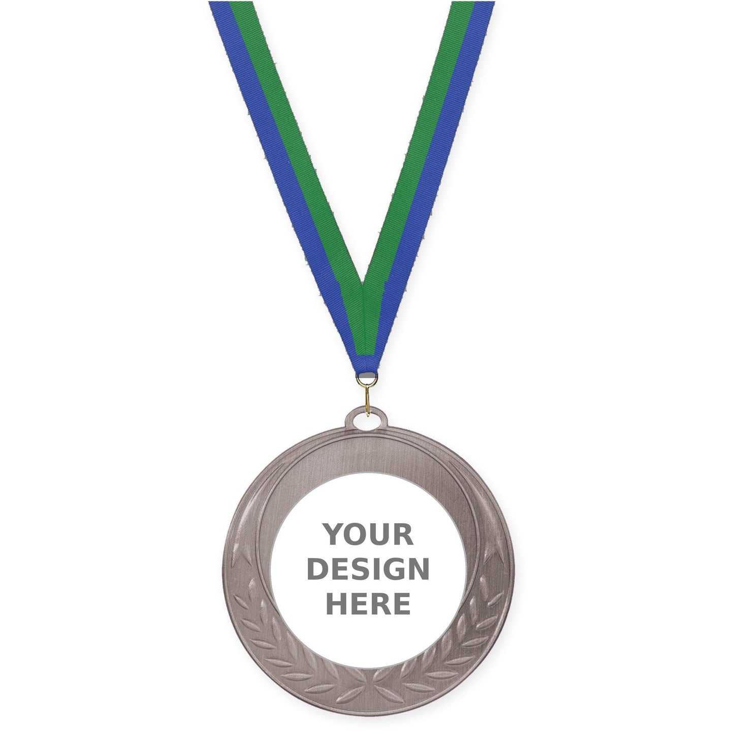 2 3/4 inch Half Laurel insert medal in antique silver with Blue Green neck ribbon