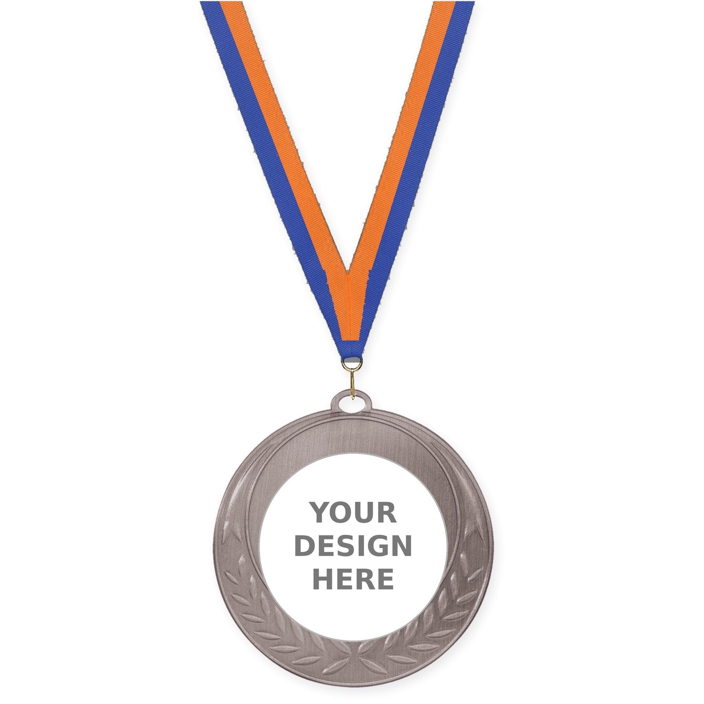 2 3/4 inch Half Laurel insert medal in antique silver with Blue Orange neck ribbon