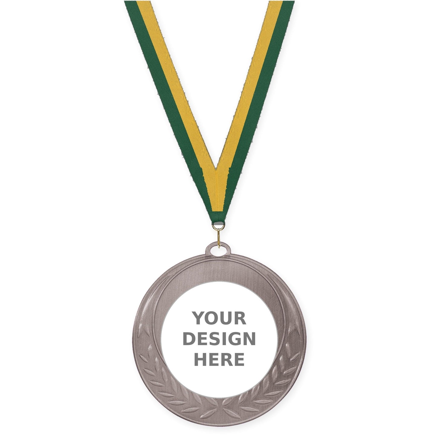 2 3/4 inch Half Laurel insert medal in antique silver with Hunter Green Gold neck ribbon