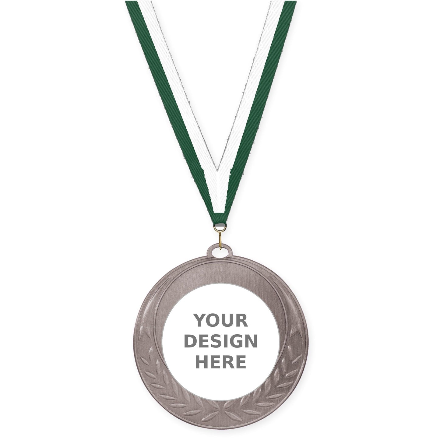 2 3/4 inch Half Laurel insert medal in antique silver with Hunter Green White neck ribbon