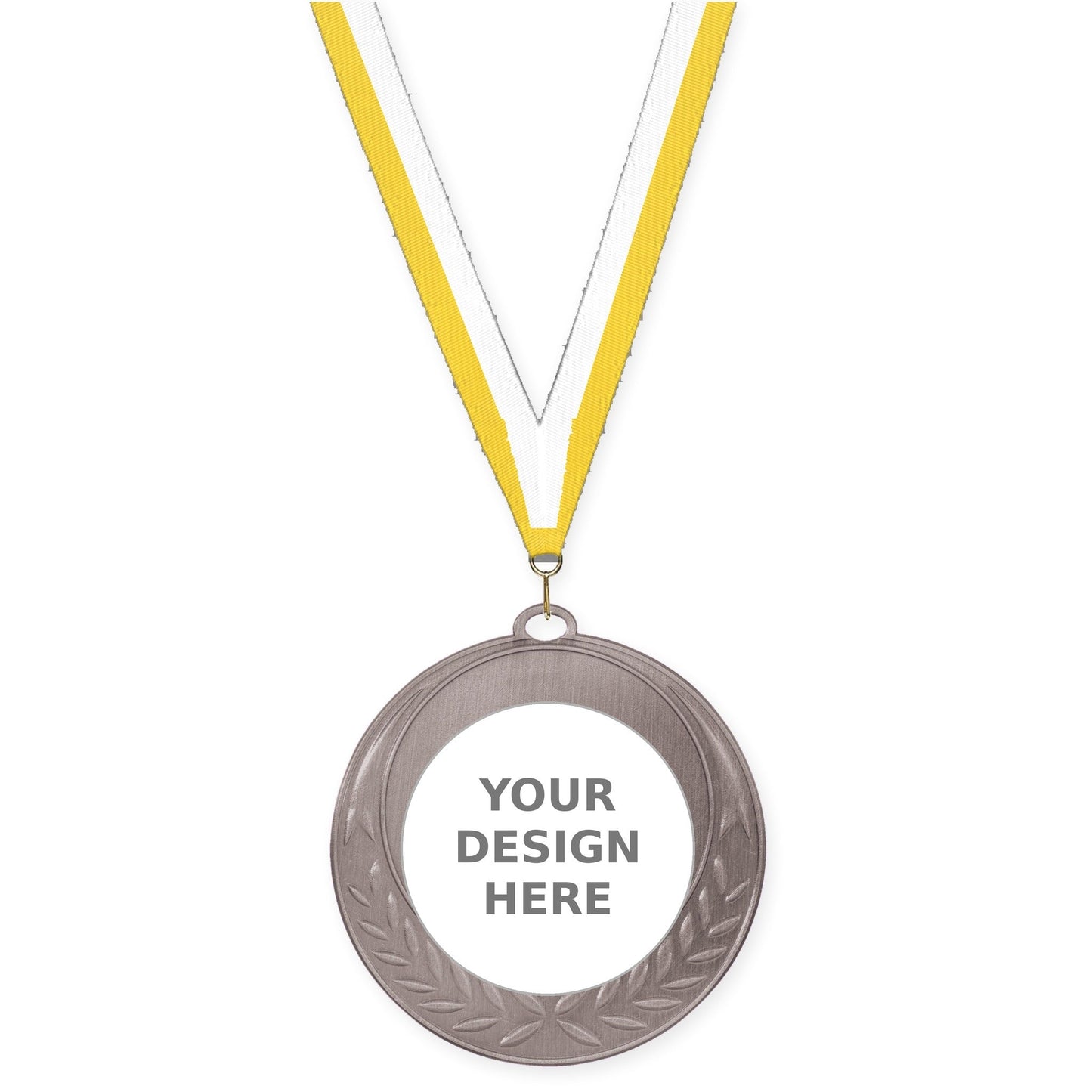 2 3/4 inch Half Laurel insert medal in antique silver with Yellow White neck ribbon
