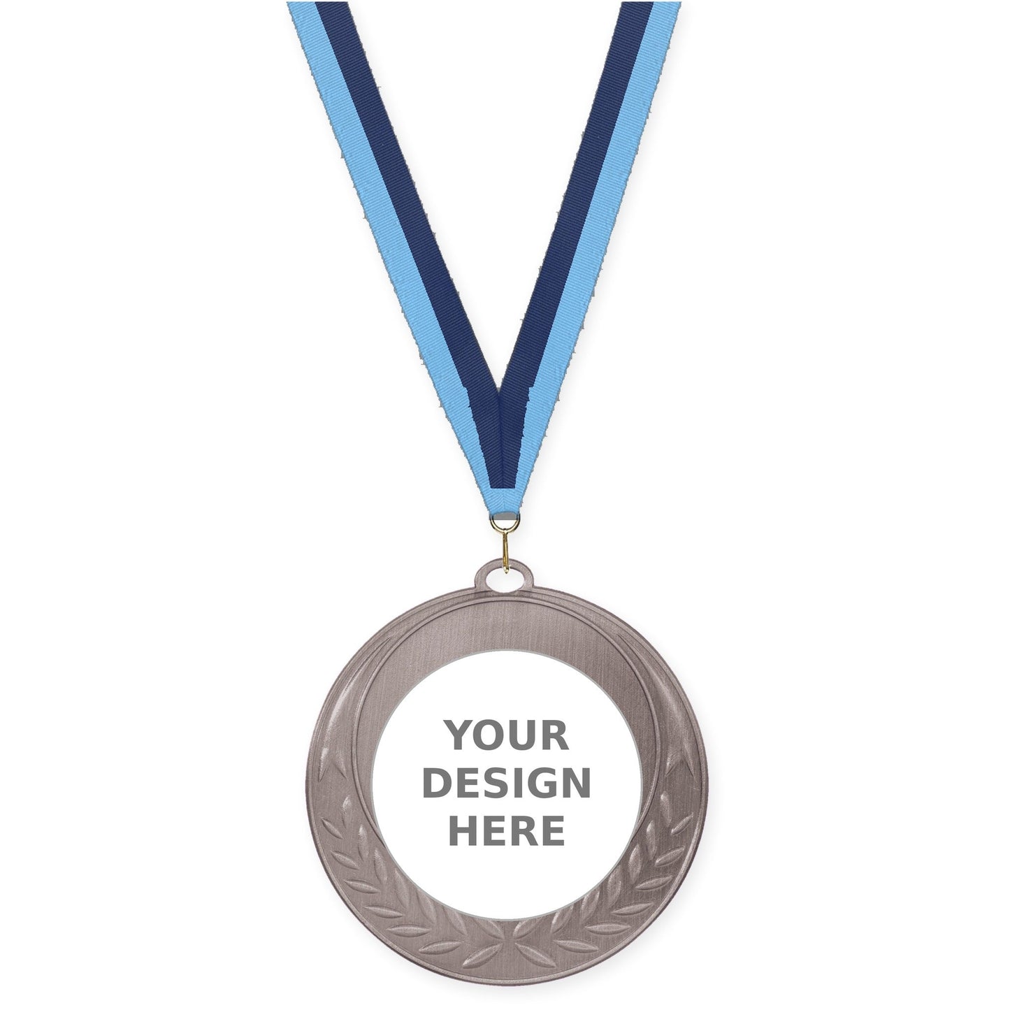 2 3/4 inch Half Laurel insert medal in antique silver with Light Blue Navy neck ribbon