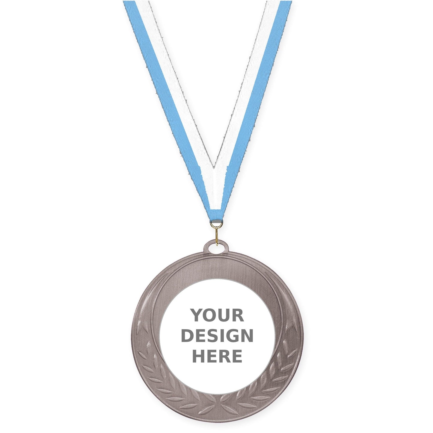 2 3/4 inch Half Laurel insert medal in antique silver with Light Blue White neck ribbon