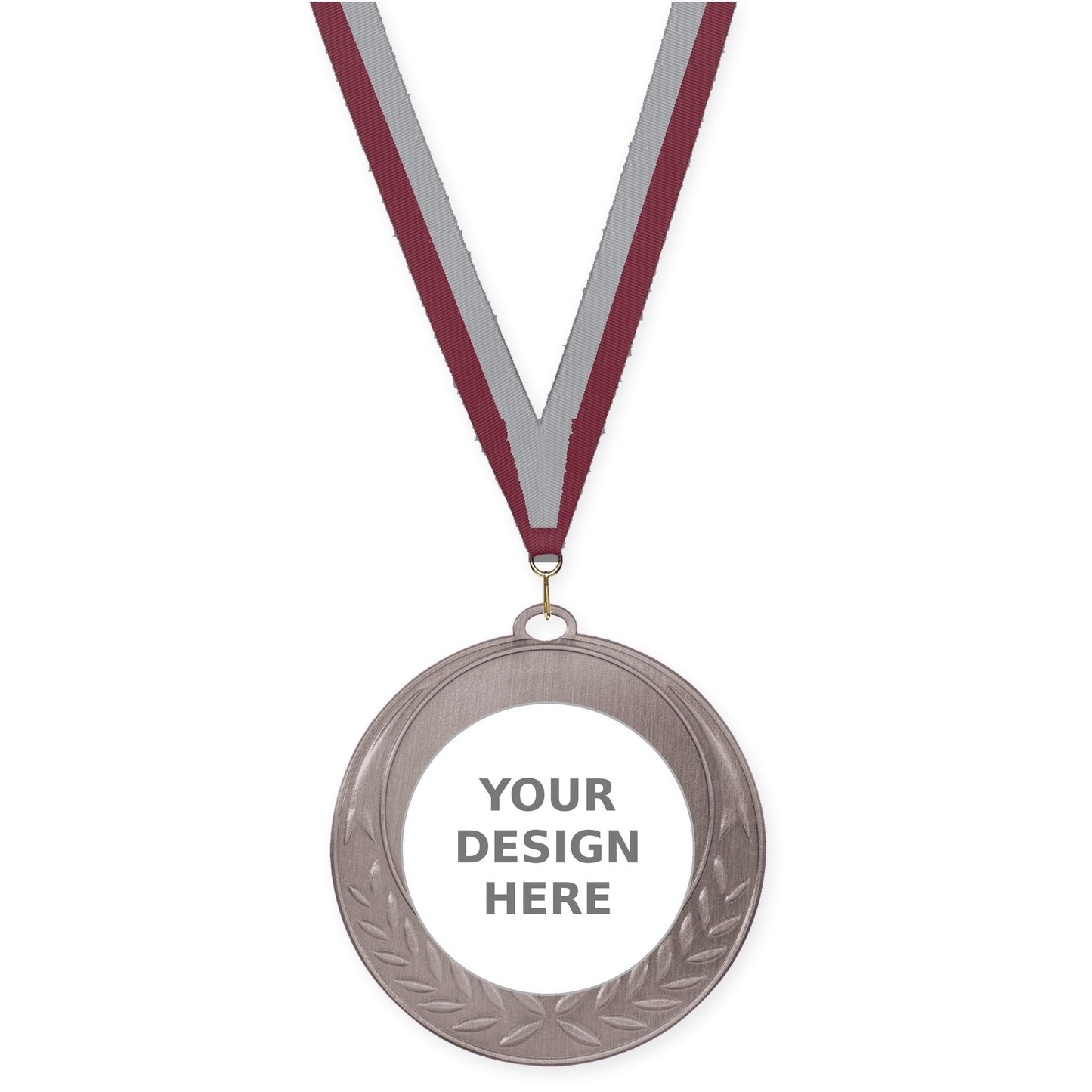 2 3/4 inch Half Laurel insert medal in antique silver with Maroon Gray neck ribbon