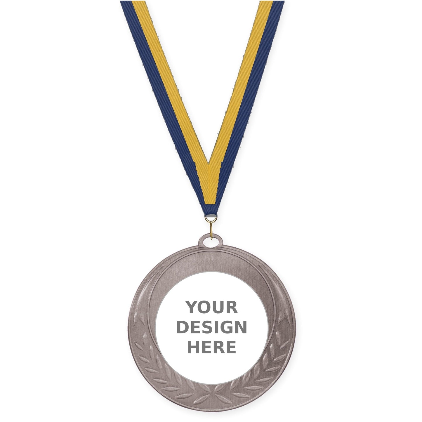 2 3/4 inch Half Laurel insert medal in antique silver with Navy Gold neck ribbon