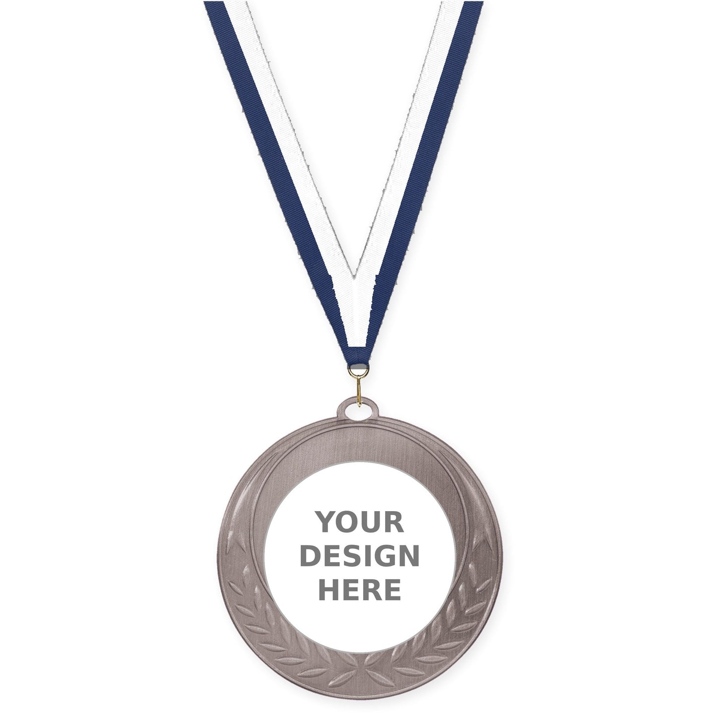 2 3/4 inch Half Laurel insert medal in antique silver with Navy White neck ribbon