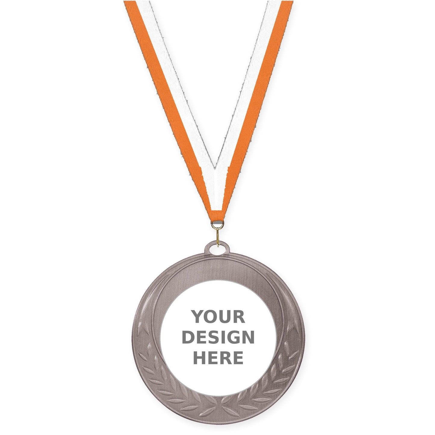 2 3/4 inch Half Laurel insert medal in antique silver with Orange White neck ribbon