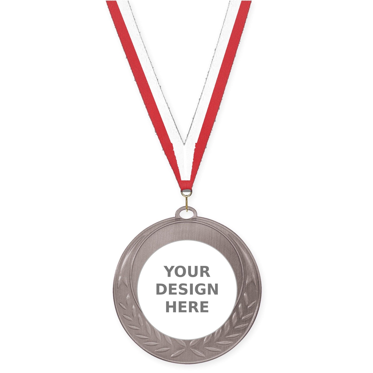 2 3/4 inch Half Laurel insert medal in antique silver with Red White neck ribbon