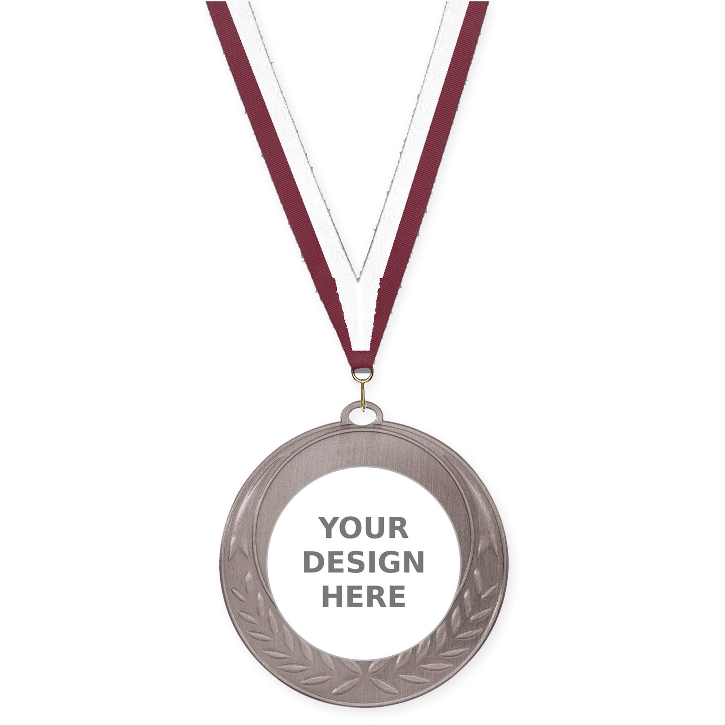 2 3/4 inch Half Laurel insert medal in antique silver with Maroon White neck ribbon