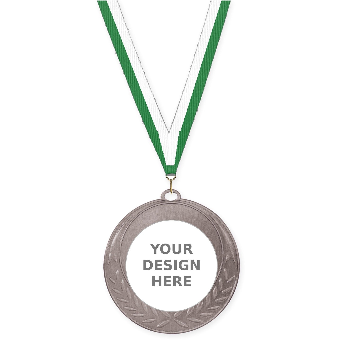 2 3/4 inch Half Laurel insert medal in antique silver with Green White neck ribbon