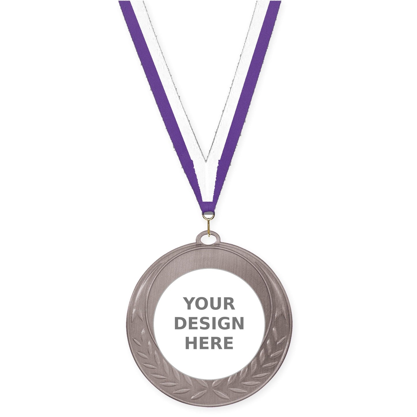 2 3/4 inch Half Laurel insert medal in antique silver with Purple White neck ribbon