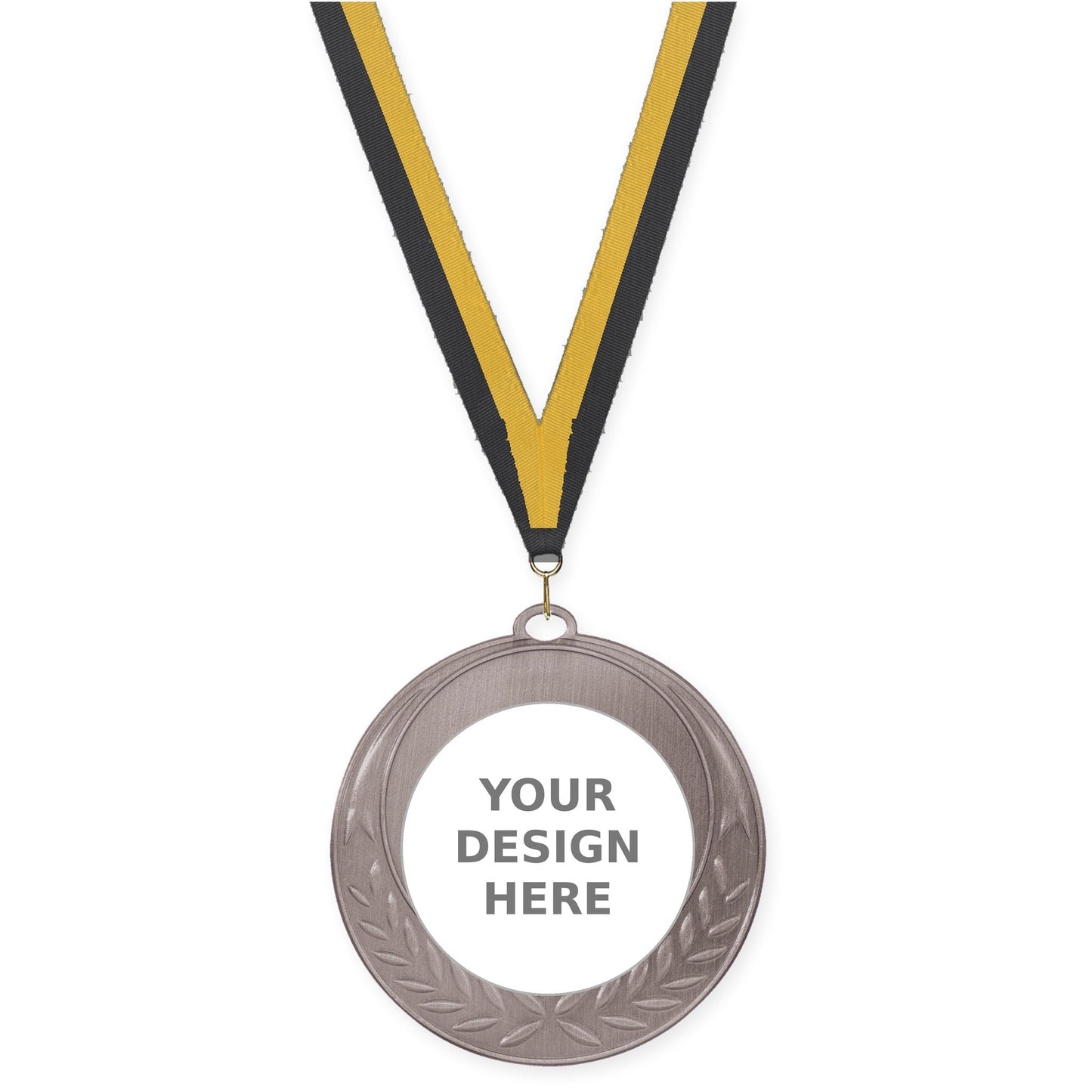 2 3/4 inch Half Laurel insert medal in antique silver with Black Gold neck ribbon
