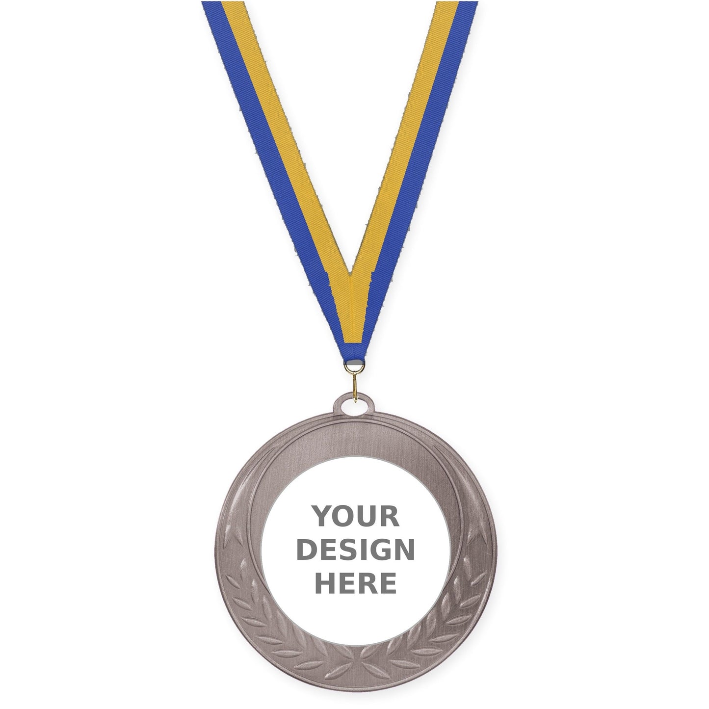 2 3/4 inch Half Laurel insert medal in antique silver with Blue Gold neck ribbon