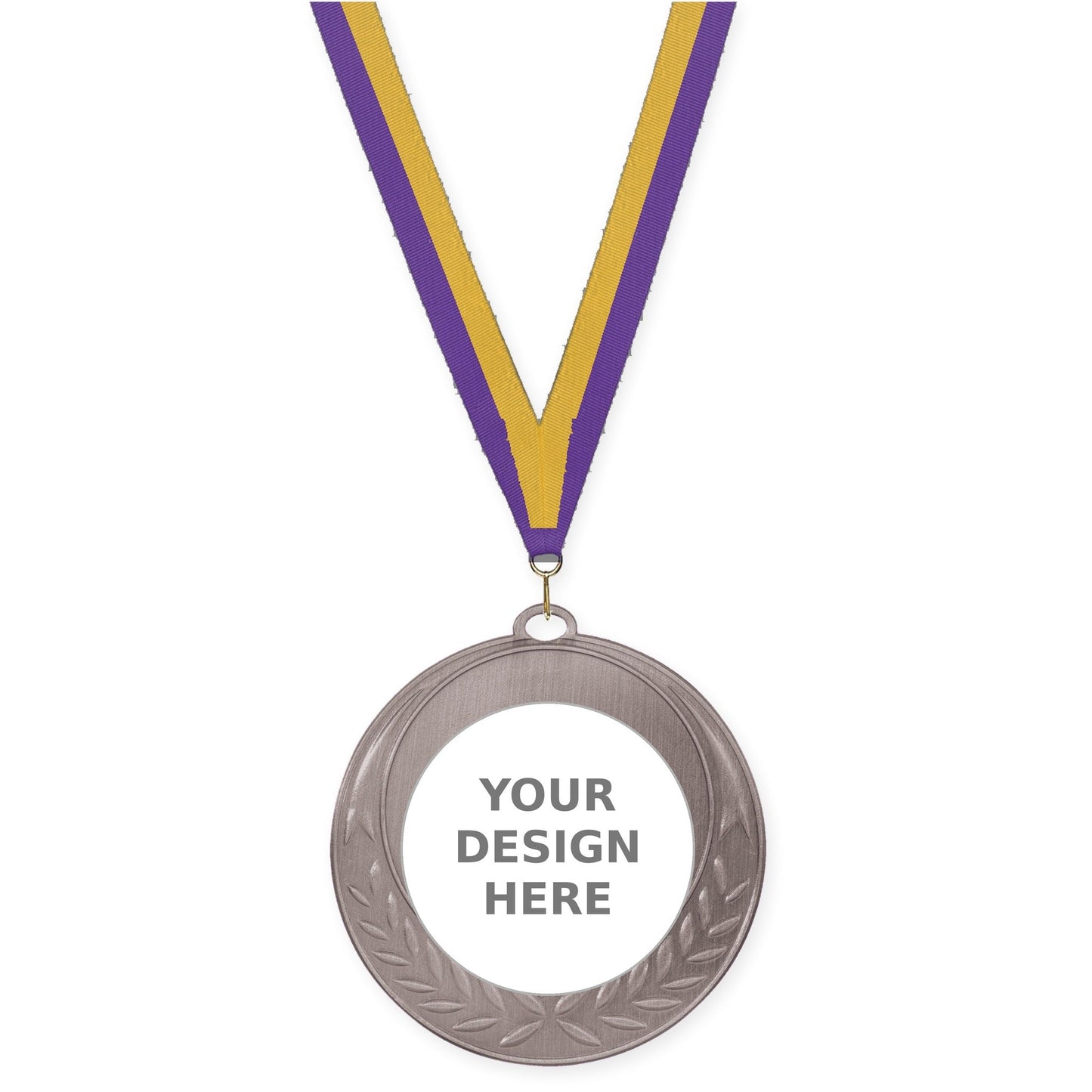 2 3/4 inch Half Laurel insert medal in antique silver with Purple Gold neck ribbon