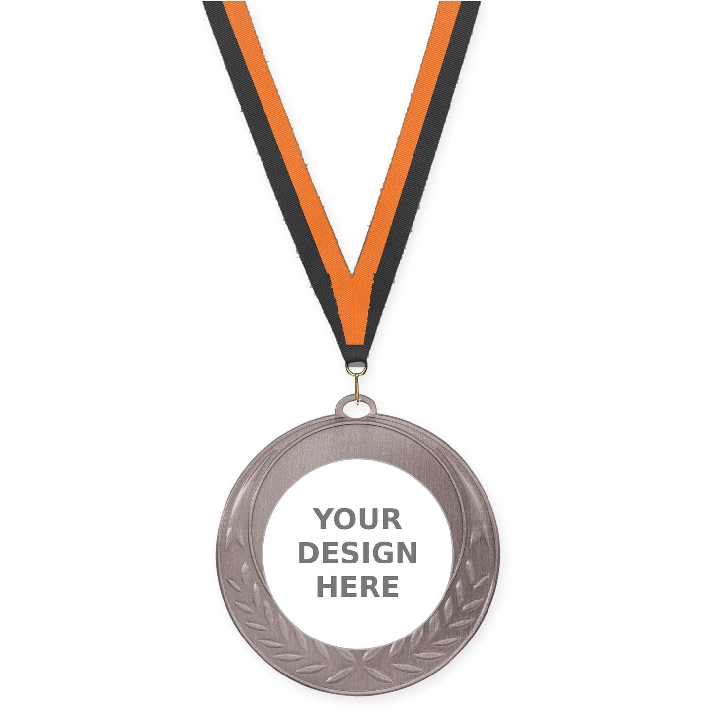 2 3/4 inch Half Laurel insert medal in antique silver with Black Orange neck ribbon