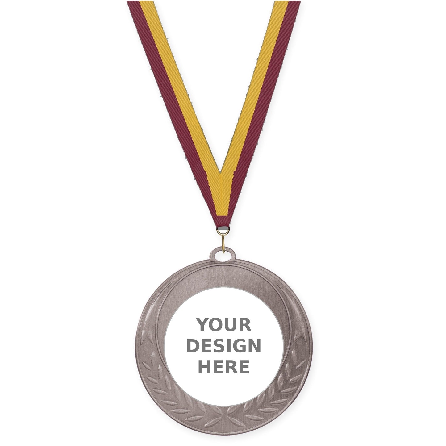 2 3/4 inch Half Laurel insert medal in antique silver with Maroon Gold neck ribbon