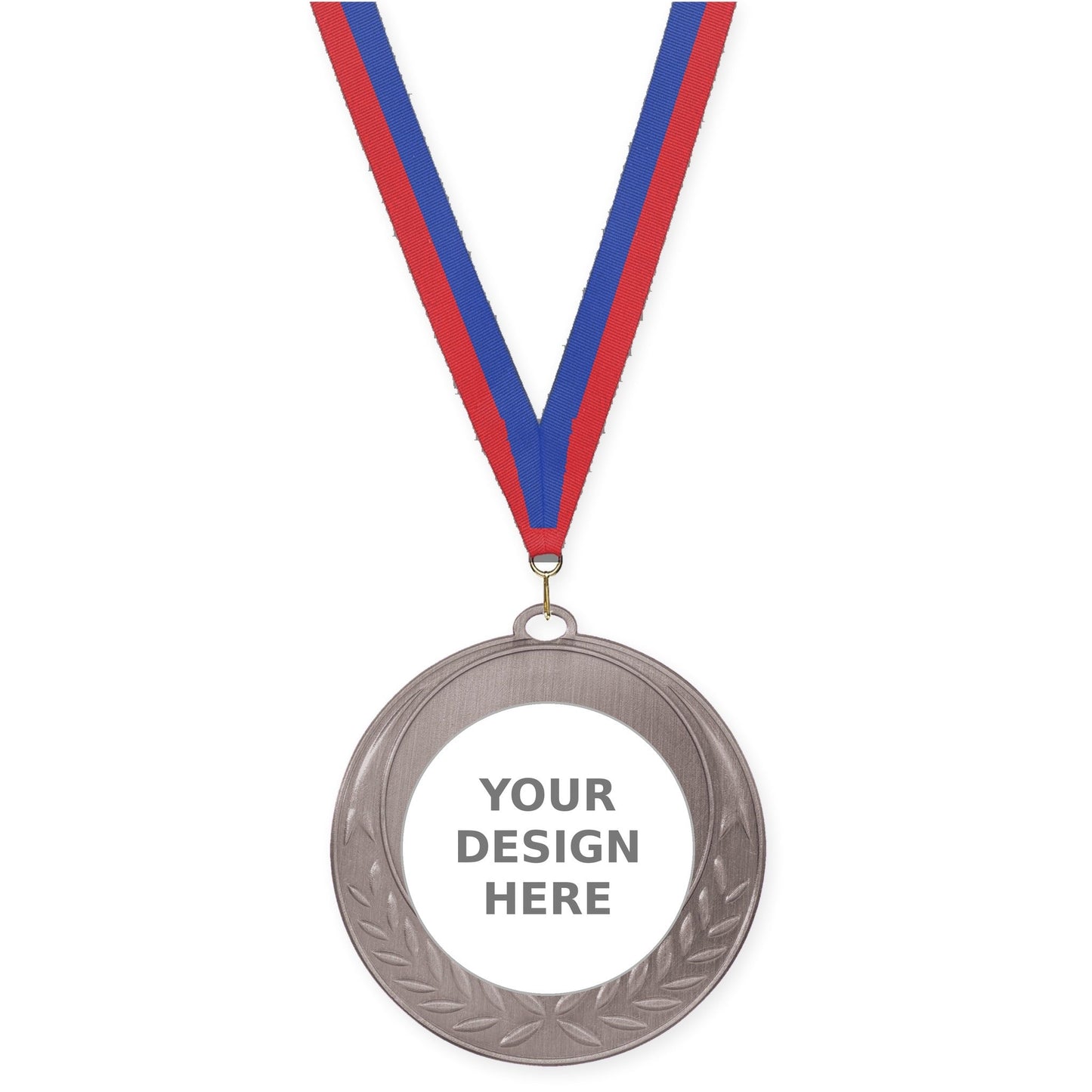 2 3/4 inch Half Laurel insert medal in antique silver with Blue Red neck ribbon