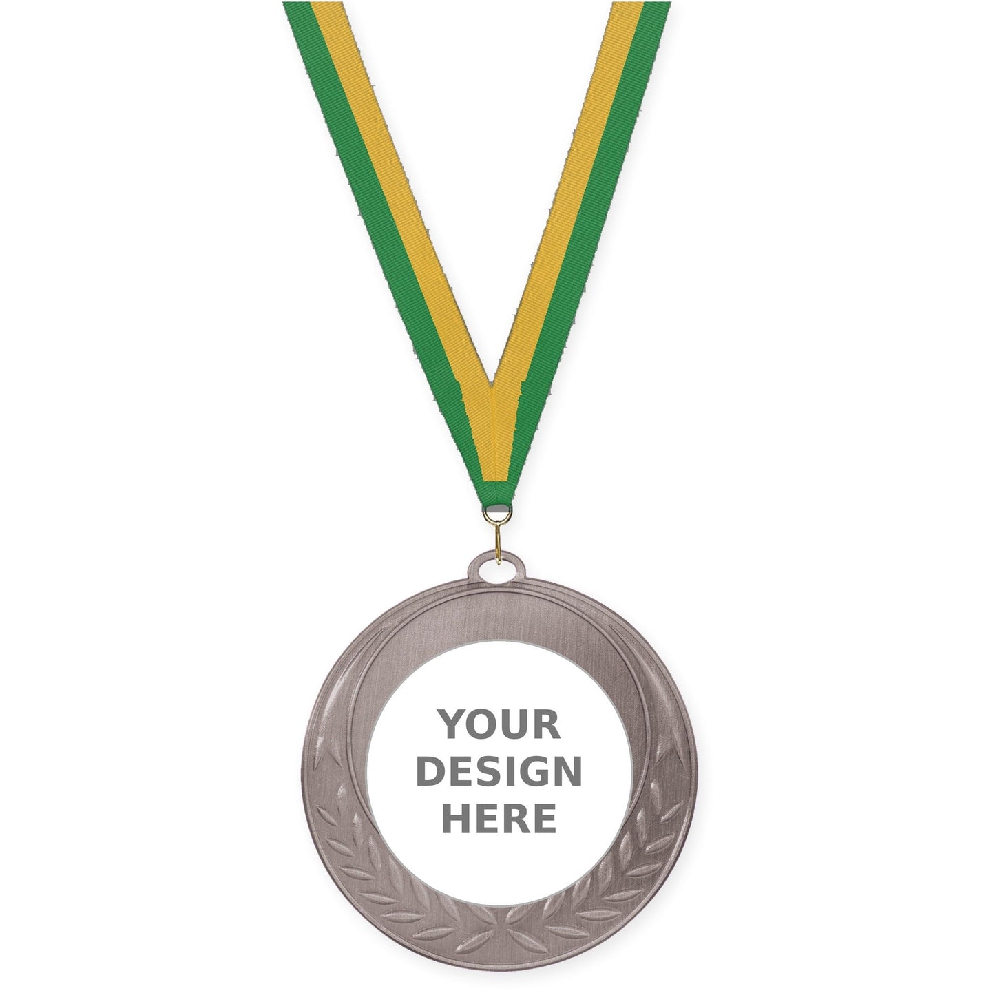 2 3/4 inch Half Laurel insert medal in antique silver with Green Gold neck ribbon