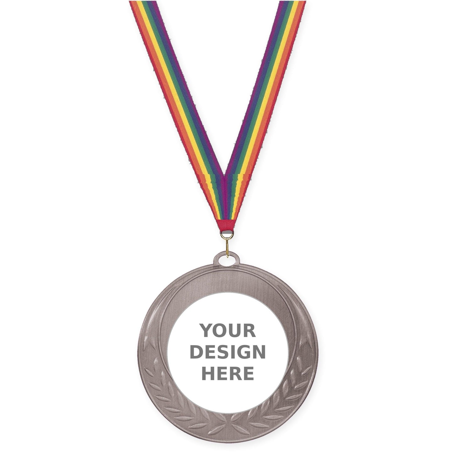 2 3/4 inch Half Laurel insert medal in antique silver with Rainbow neck ribbon