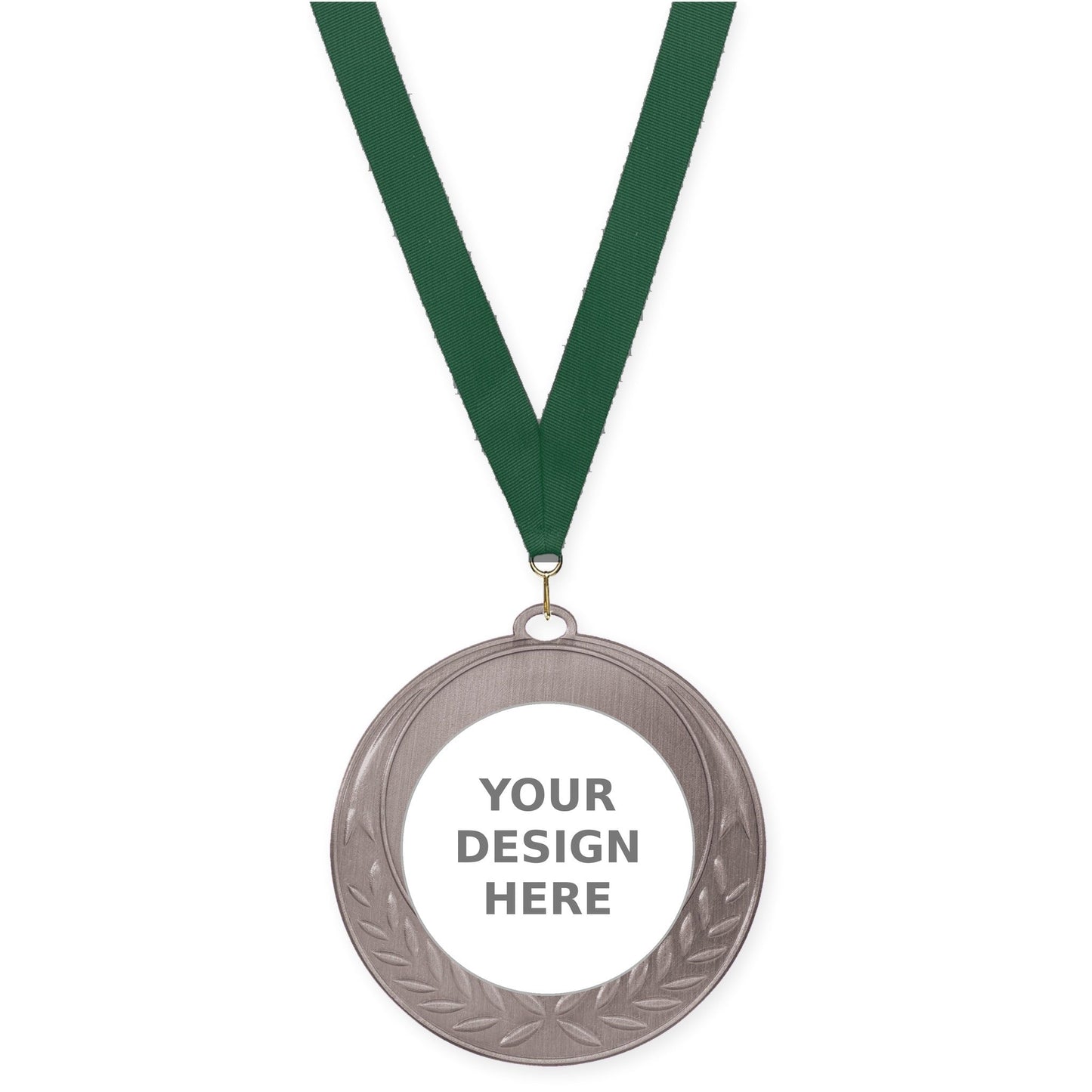 2 3/4 inch Half Laurel insert medal in antique silver with Hunter Green neck ribbon