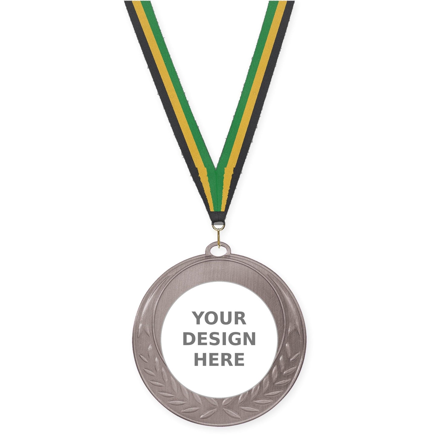 2 3/4 inch Half Laurel insert medal in antique silver with Black Gold Green neck ribbon