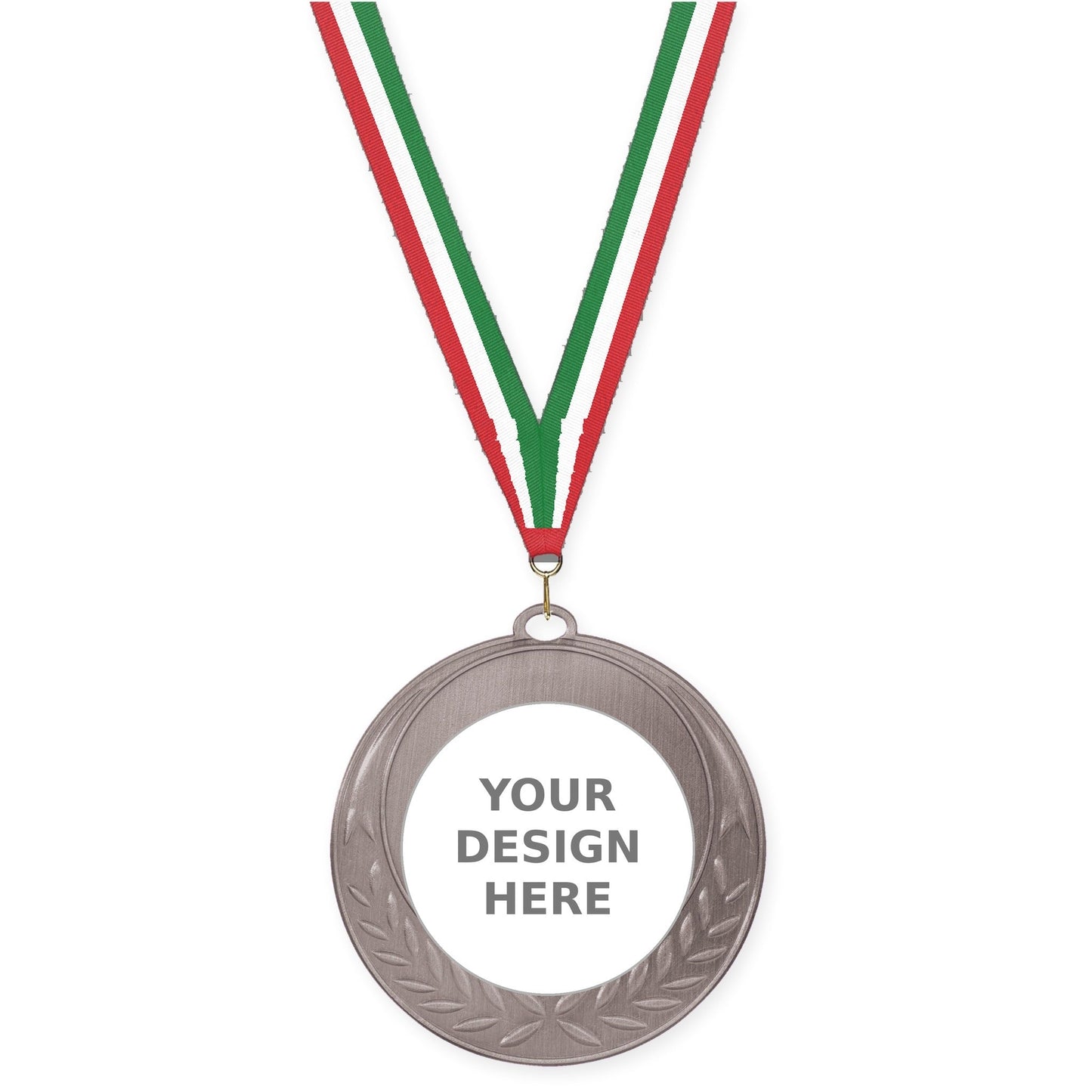 2 3/4 inch Half Laurel insert medal in antique silver with Red White Green neck ribbon